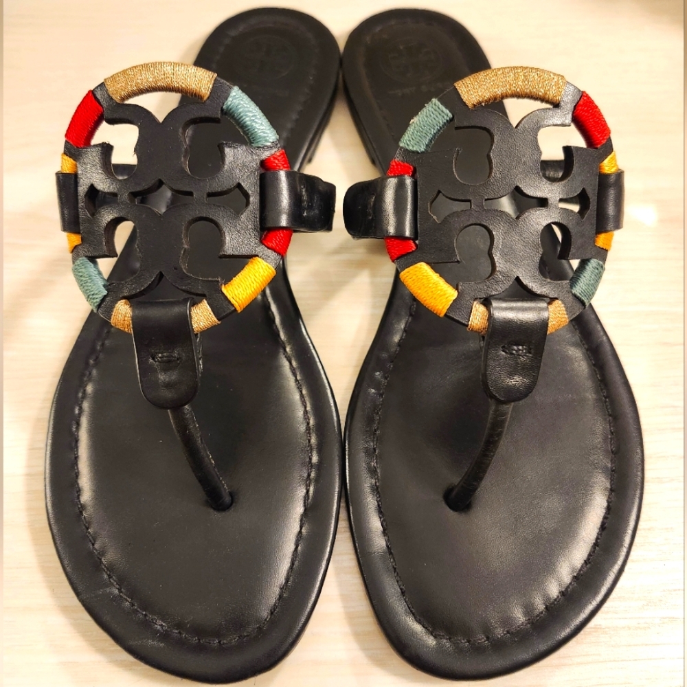 ●Like NEW● Embroidered Miller Sandals by Tory Burch in Black Leather